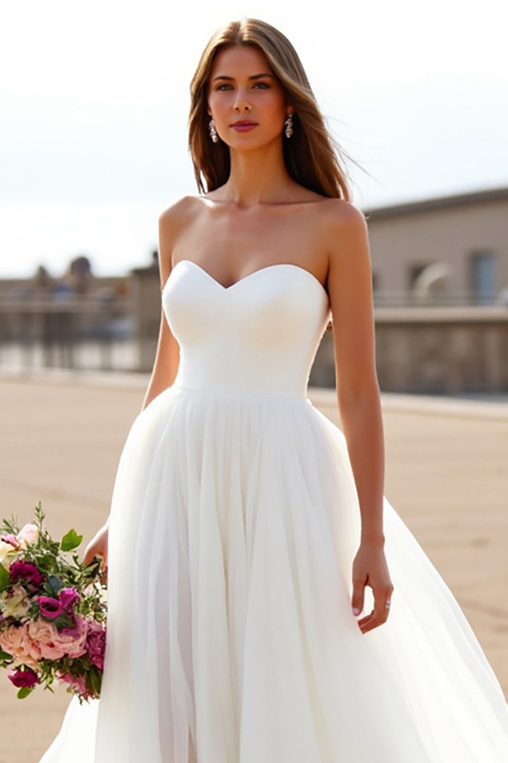 Strapless White A Line Long Wedding Dress