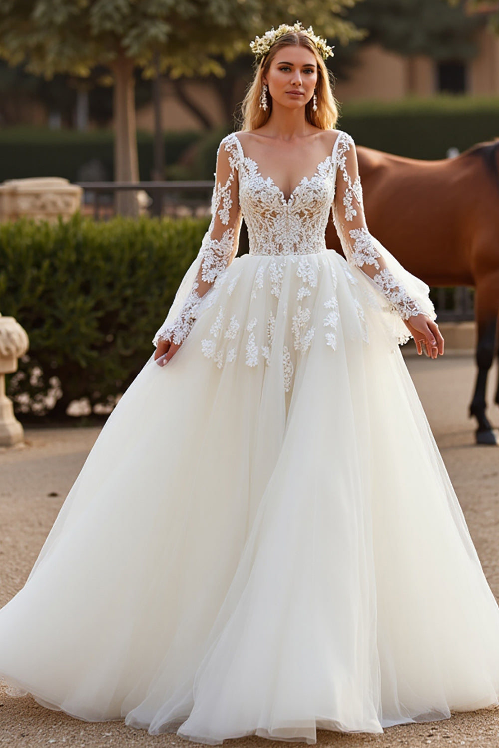White A Line Lace Wedding Dress with Long Sleeves
