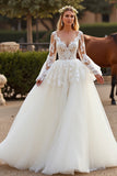 White A Line Lace Wedding Dress with Long Sleeves