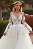 White A Line Lace Wedding Dress with Long Sleeves