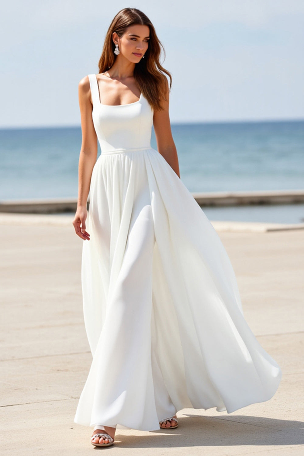 A Line Long White Wedding Dress