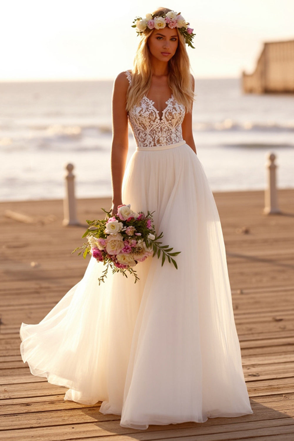 White Long A Line Wedding Dress with Lace