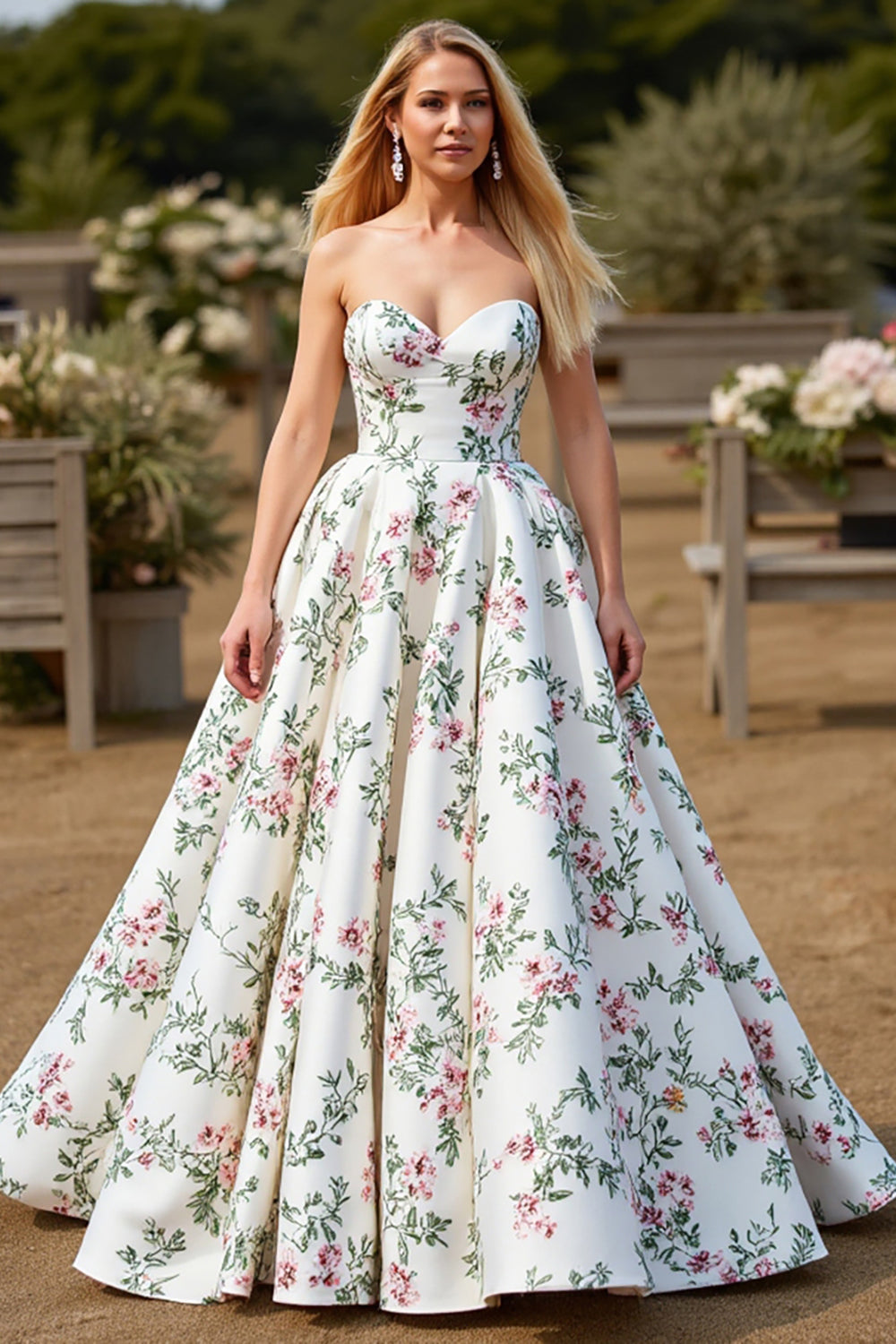 Strapless Floral A Line White Wedding Dress