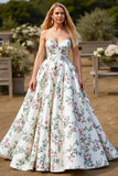 Strapless Floral A Line White Wedding Dress
