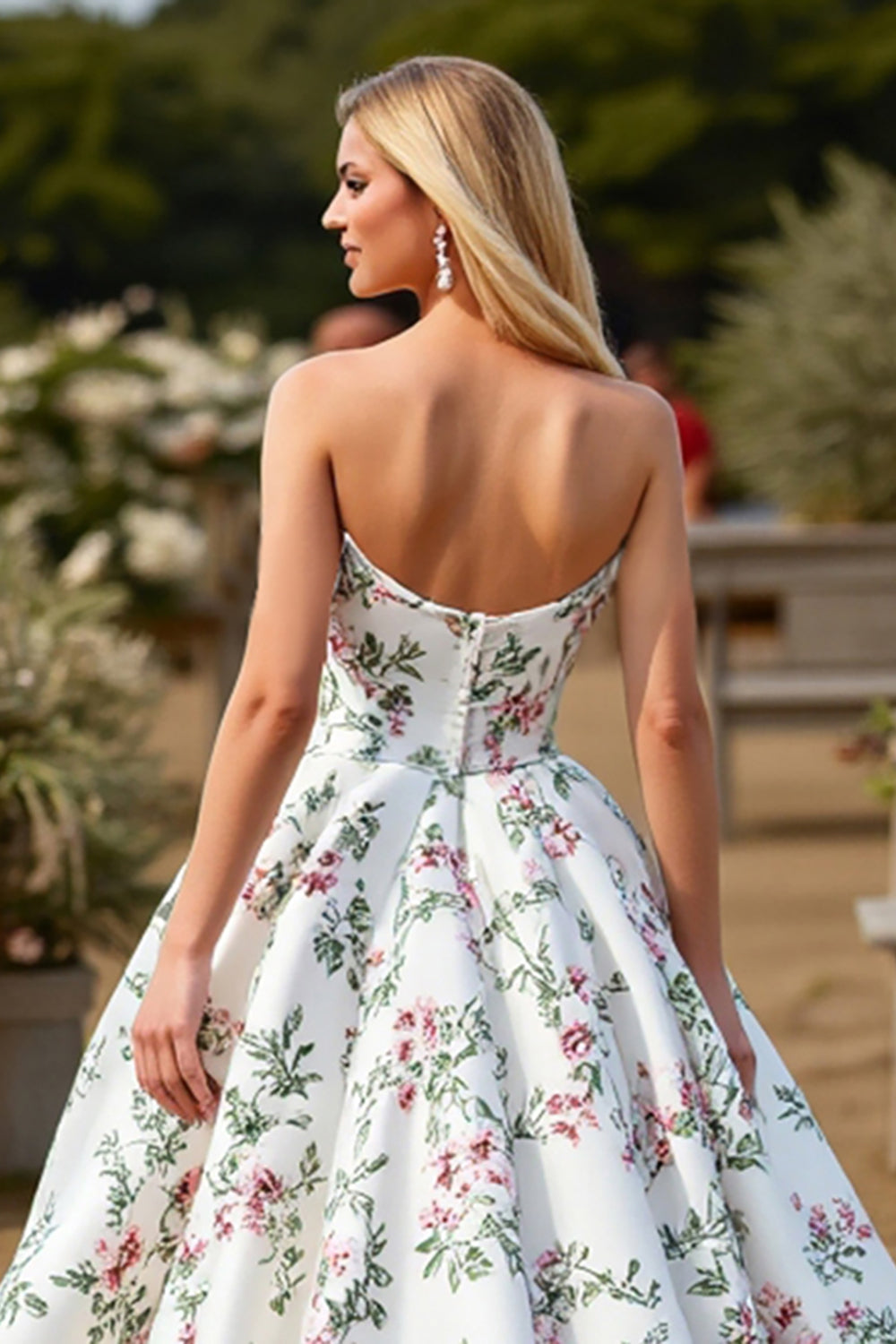 Strapless Floral A Line White Wedding Dress