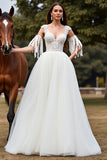 A Line White Wedding Dress with Appliques