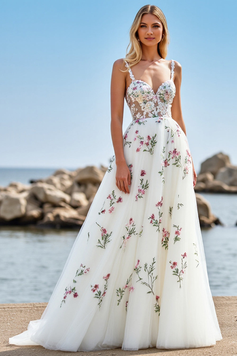 Floral White A Line Wedding Dress with Appliques