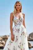 Floral White A Line Wedding Dress with Appliques