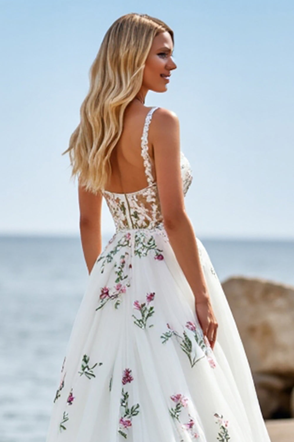 Floral White A Line Wedding Dress with Appliques