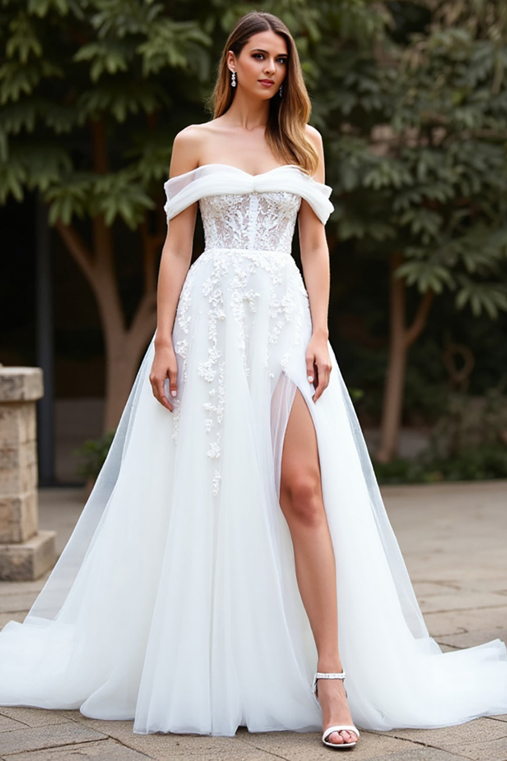Off The Shoulder A Line White Wedding Dress with Appliques