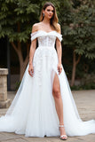Off The Shoulder A Line White Wedding Dress with Appliques