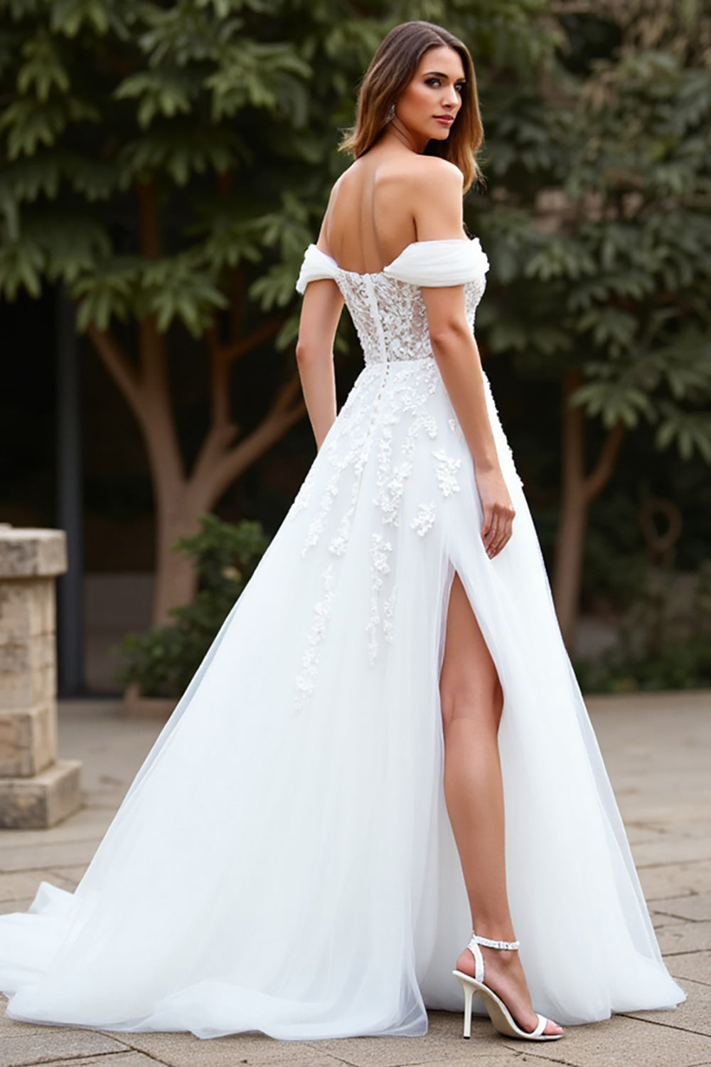 Off The Shoulder A Line White Wedding Dress with Appliques