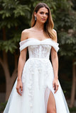 Off The Shoulder A Line White Wedding Dress with Appliques