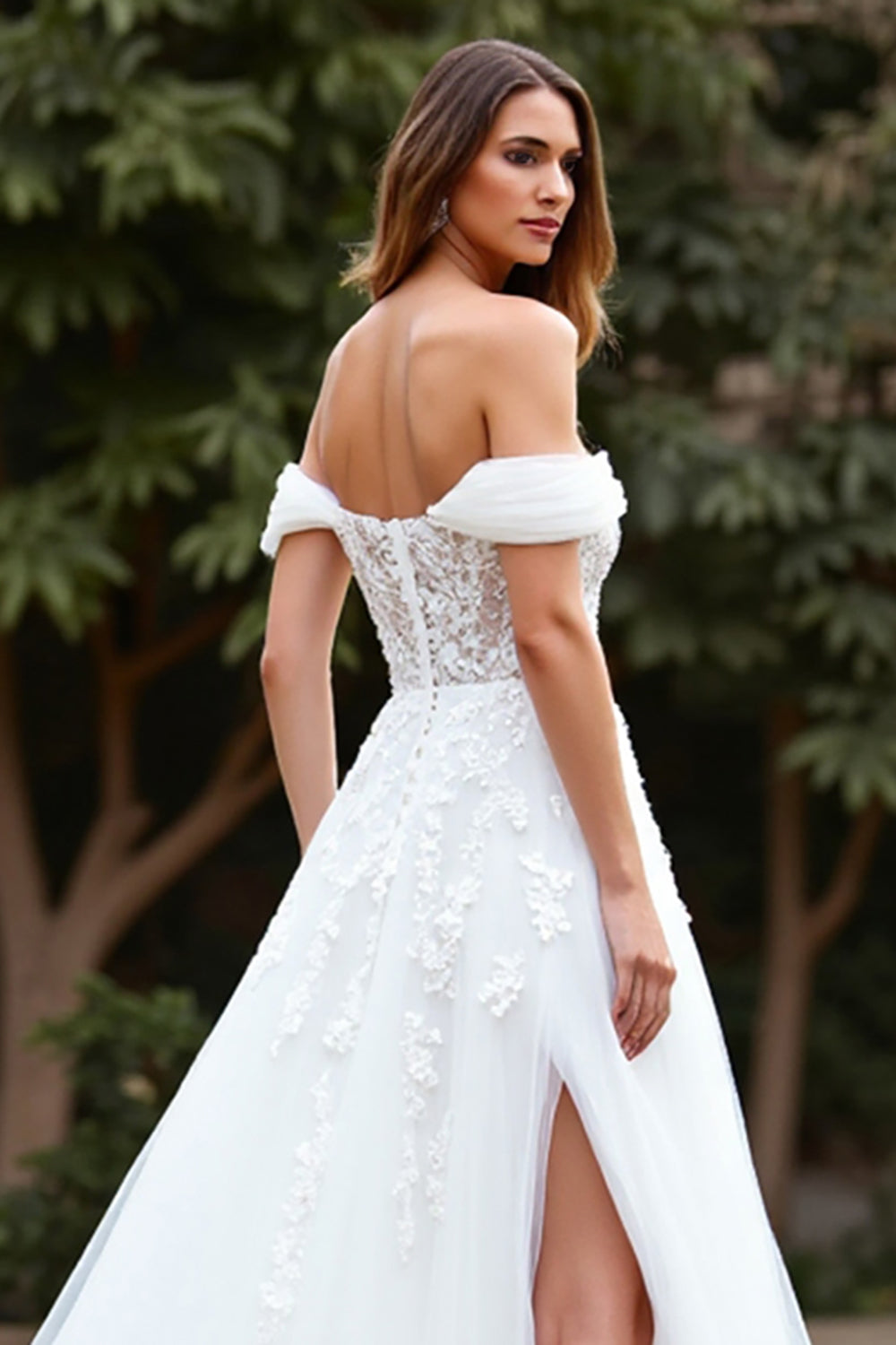 Off The Shoulder A Line White Wedding Dress with Appliques