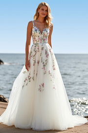 A Line Floral White Wedding Dress with Appliques