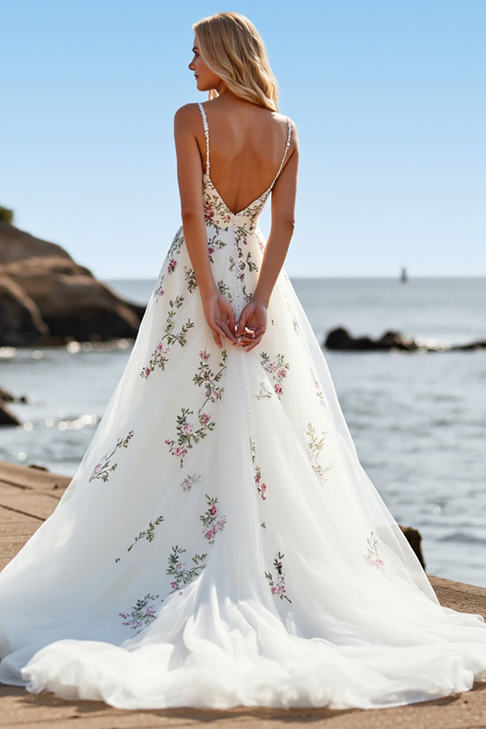 A Line Floral White Wedding Dress with Appliques