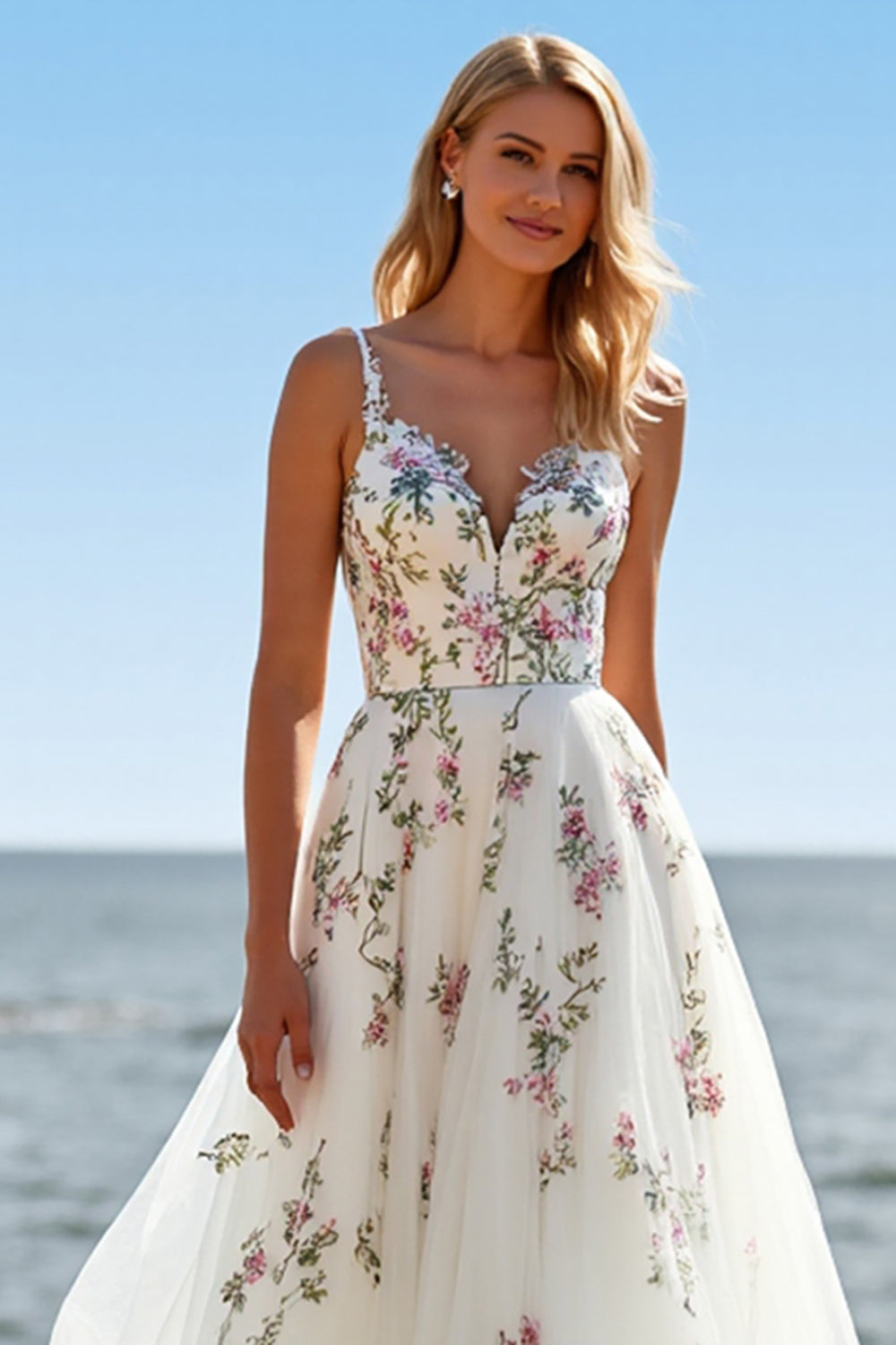 A Line Floral White Wedding Dress with Appliques