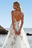 A Line Floral White Wedding Dress with Appliques