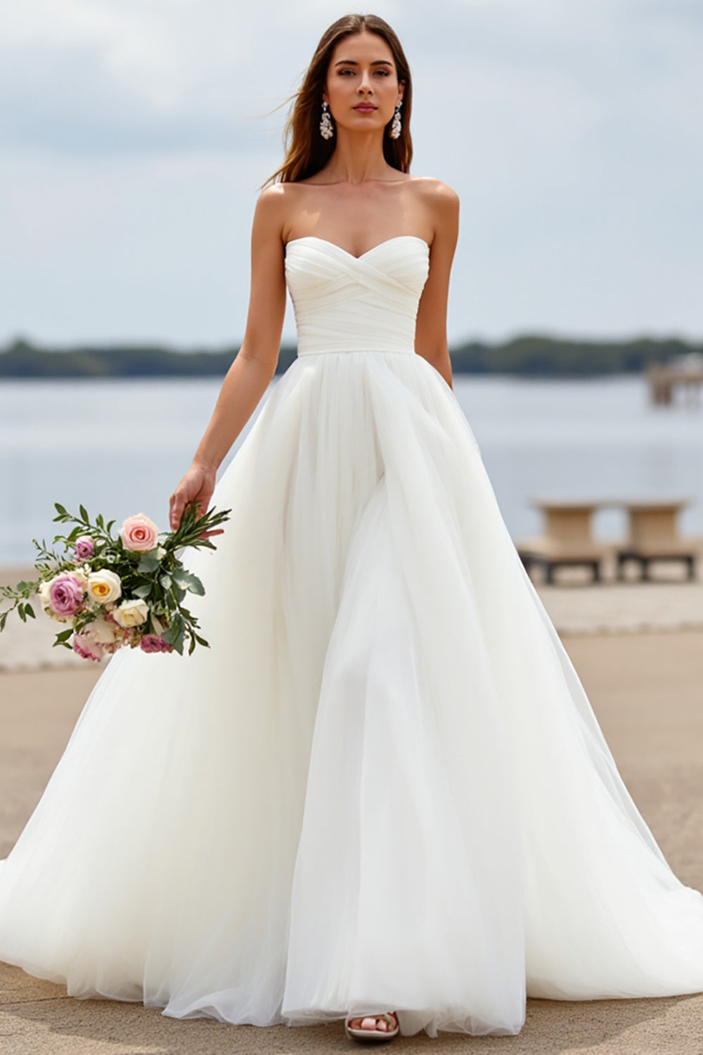 Strapless A Line White Long Wedding Dress