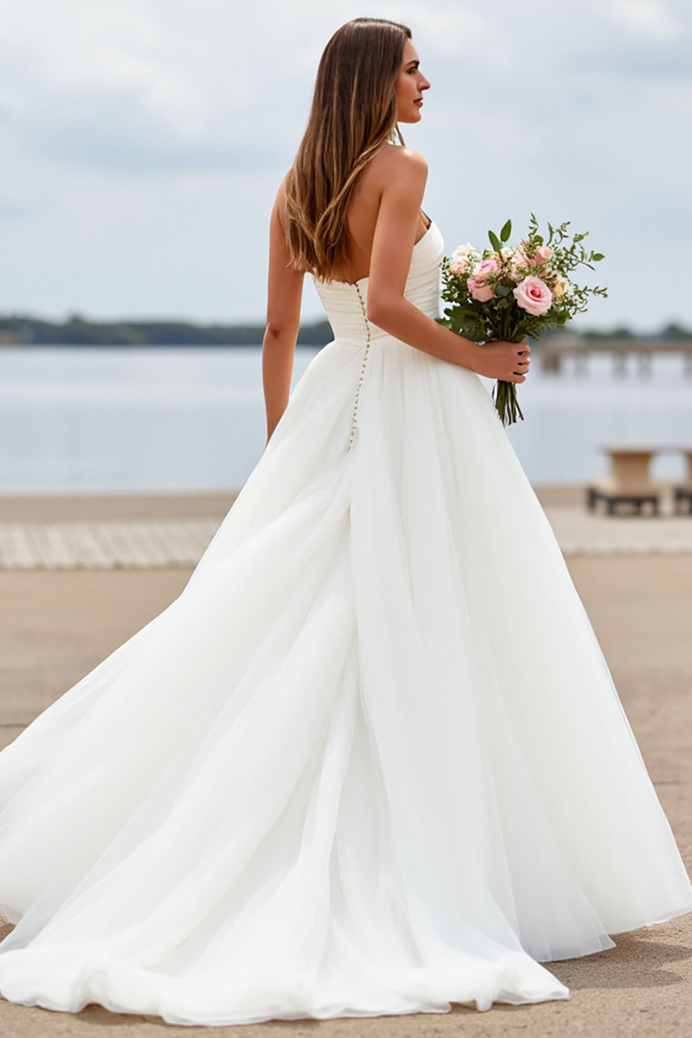 Strapless A Line White Long Wedding Dress