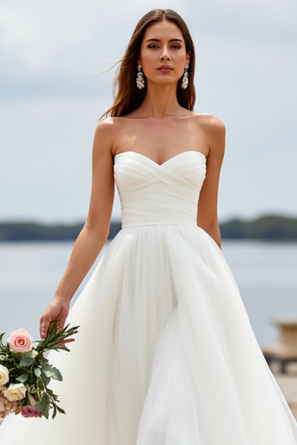 Strapless A Line White Long Wedding Dress