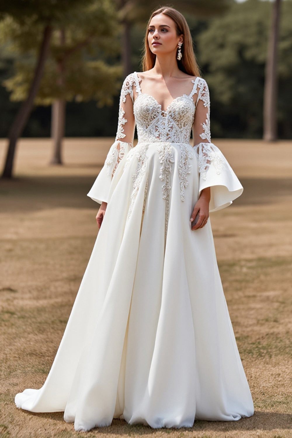 A Line Long Sleeve White Wedding Dress with Appliques