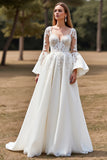 A Line Long Sleeve White Wedding Dress with Appliques