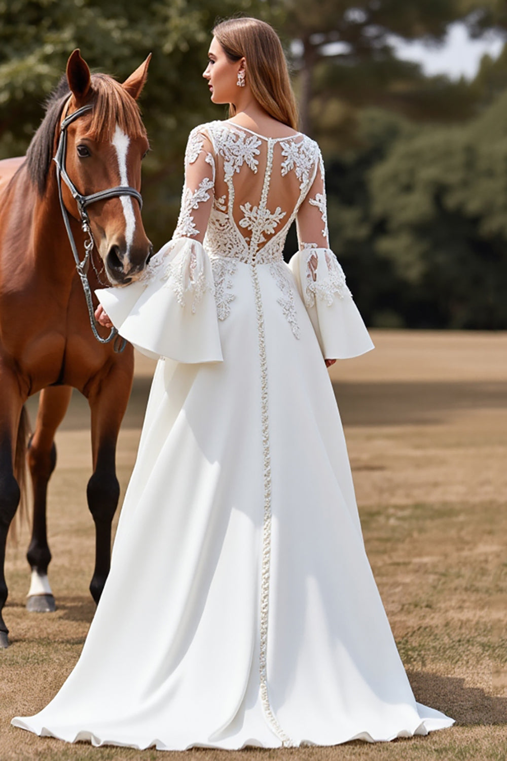A Line Long Sleeve White Wedding Dress with Appliques