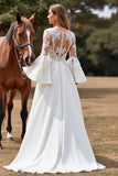 A Line Long Sleeve White Wedding Dress with Appliques