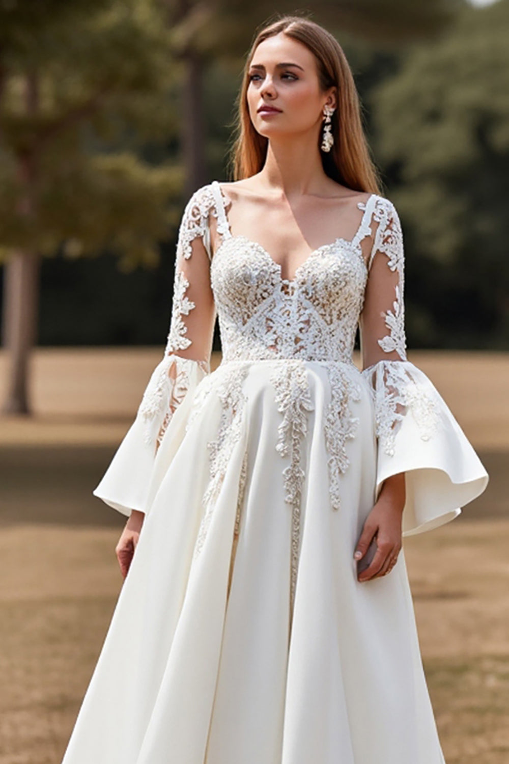 A Line Long Sleeve White Wedding Dress with Appliques