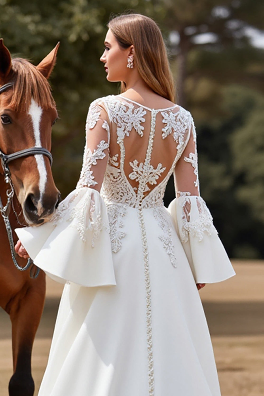 A Line Long Sleeve White Wedding Dress with Appliques