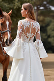 A Line Long Sleeve White Wedding Dress with Appliques
