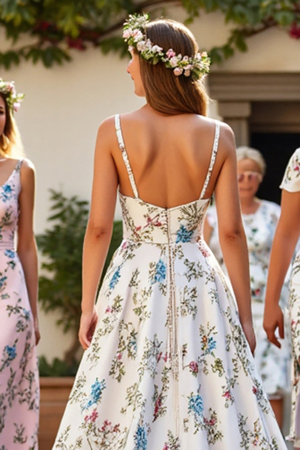 White Floral Spaghetti Straps A Line Wedding Dress