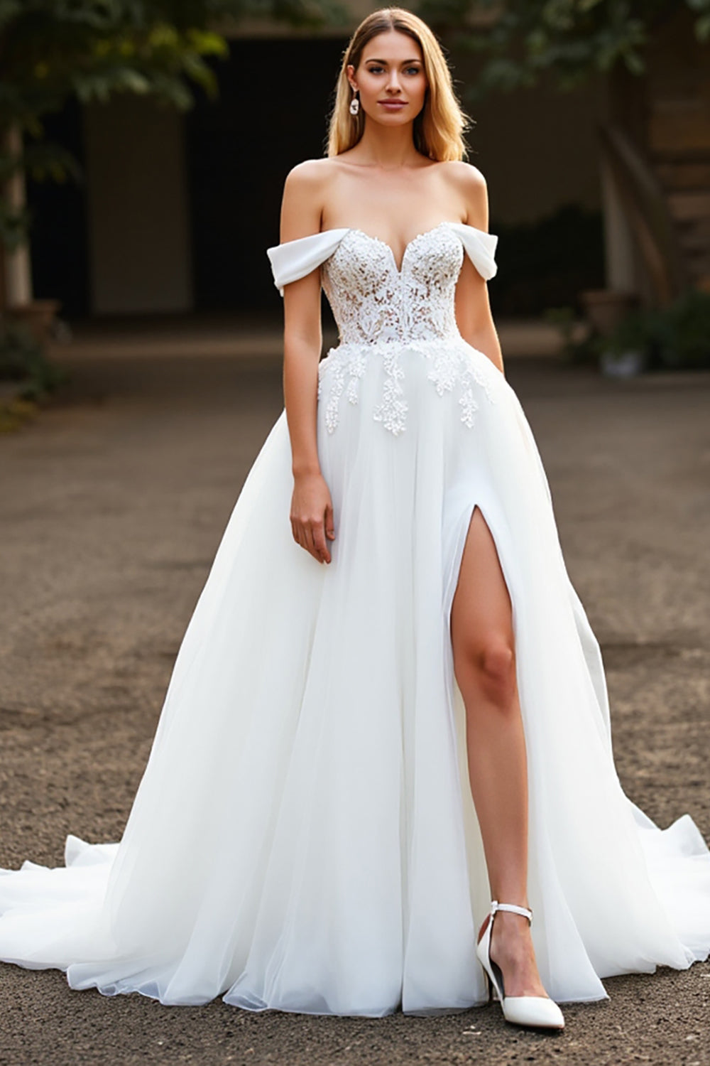 Off The Shoulder A Line White Wedding Dress with Slit
