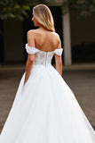 Off The Shoulder A Line White Wedding Dress with Slit