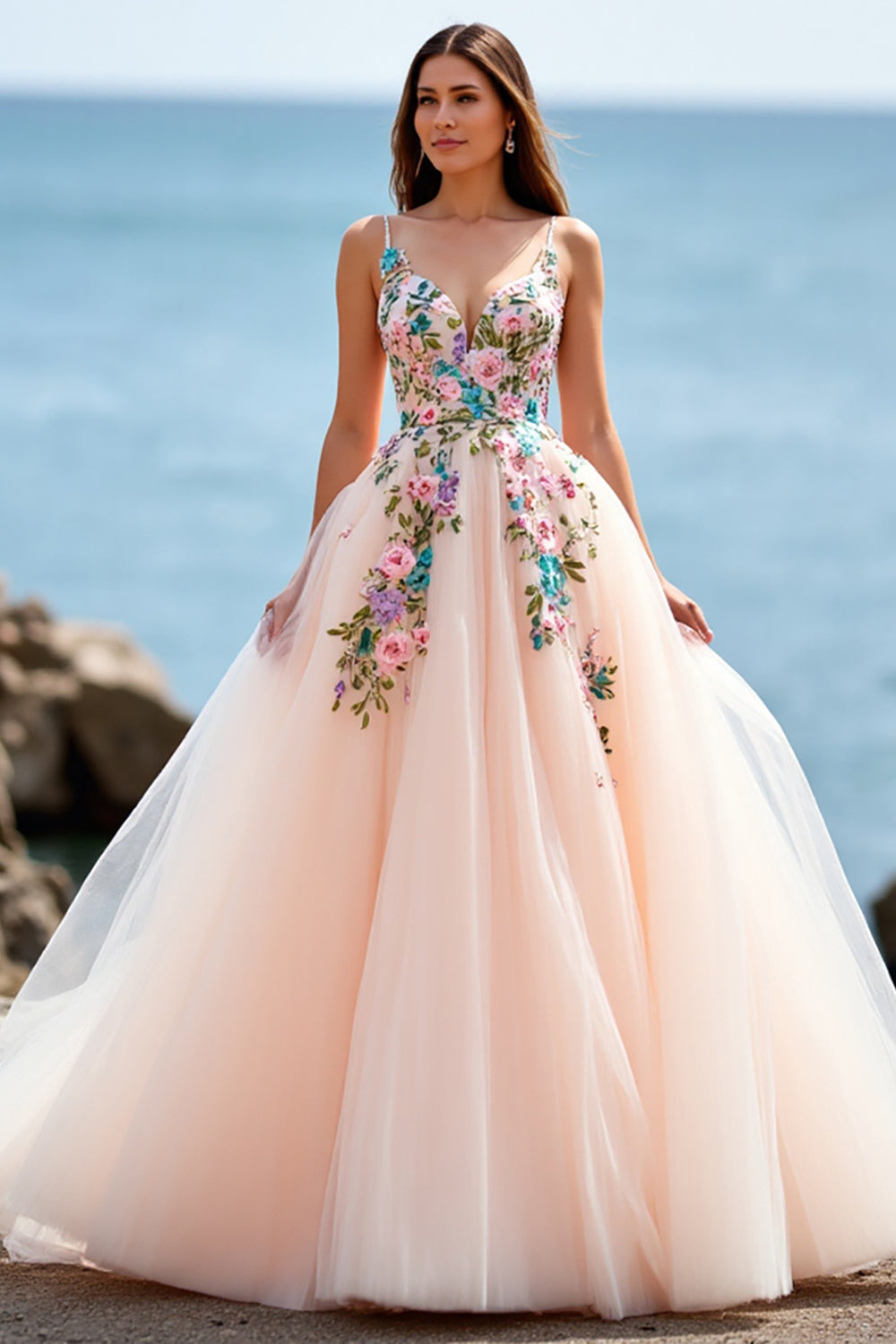 Floral Blush A Line Wedding Dress with Appliques