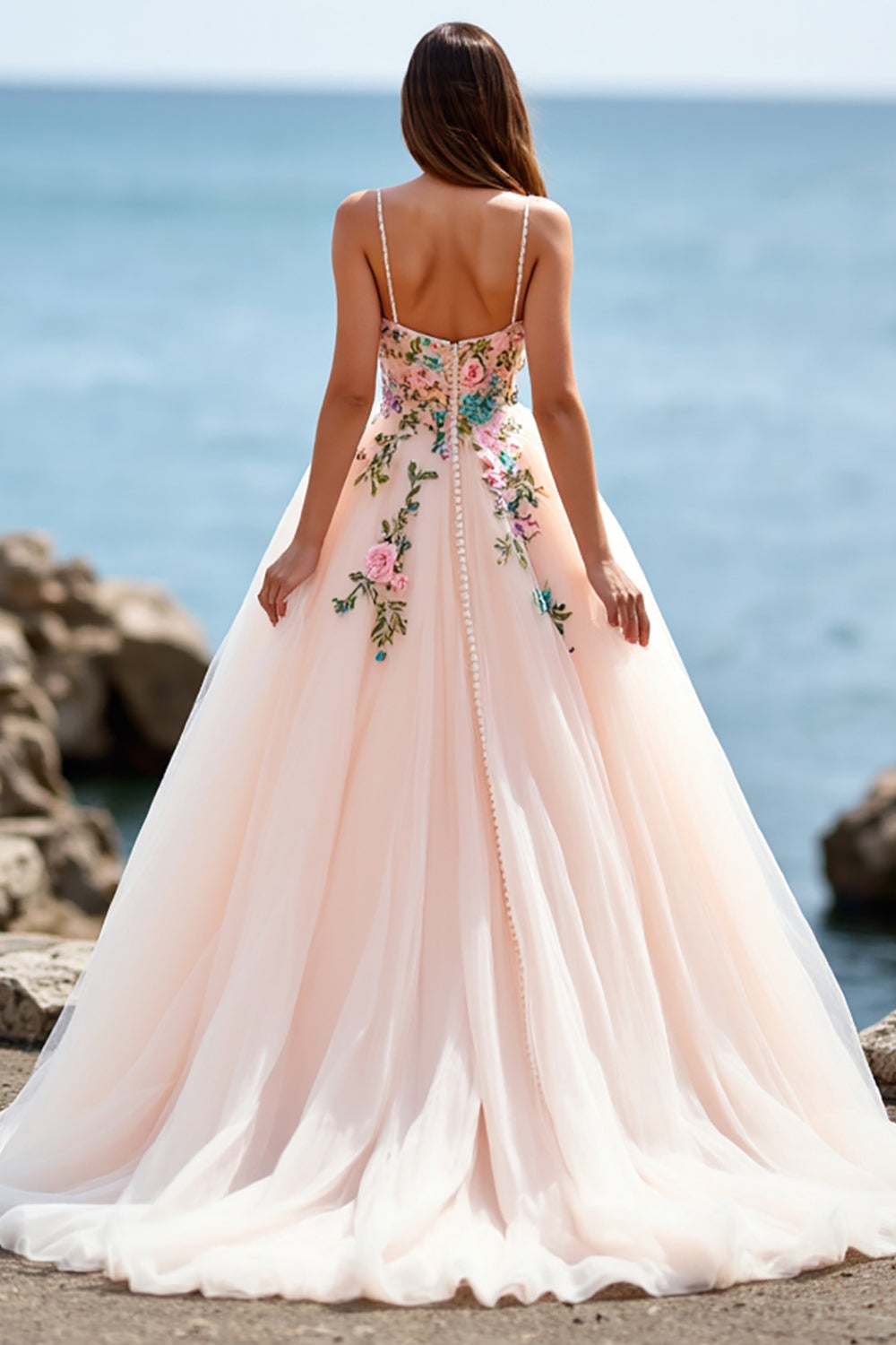 Floral Blush A Line Wedding Dress with Appliques