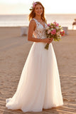 A Line White Long Wedding Dress with Lace