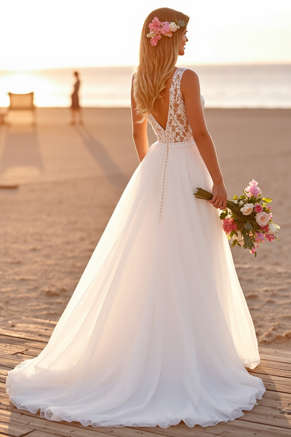 A Line White Long Wedding Dress with Lace