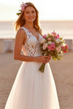 A Line White Long Wedding Dress with Lace