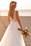 A Line White Long Wedding Dress with Lace