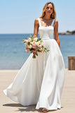 White A Line Long Square Neck Wedding Dress