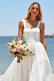 White A Line Long Square Neck Wedding Dress