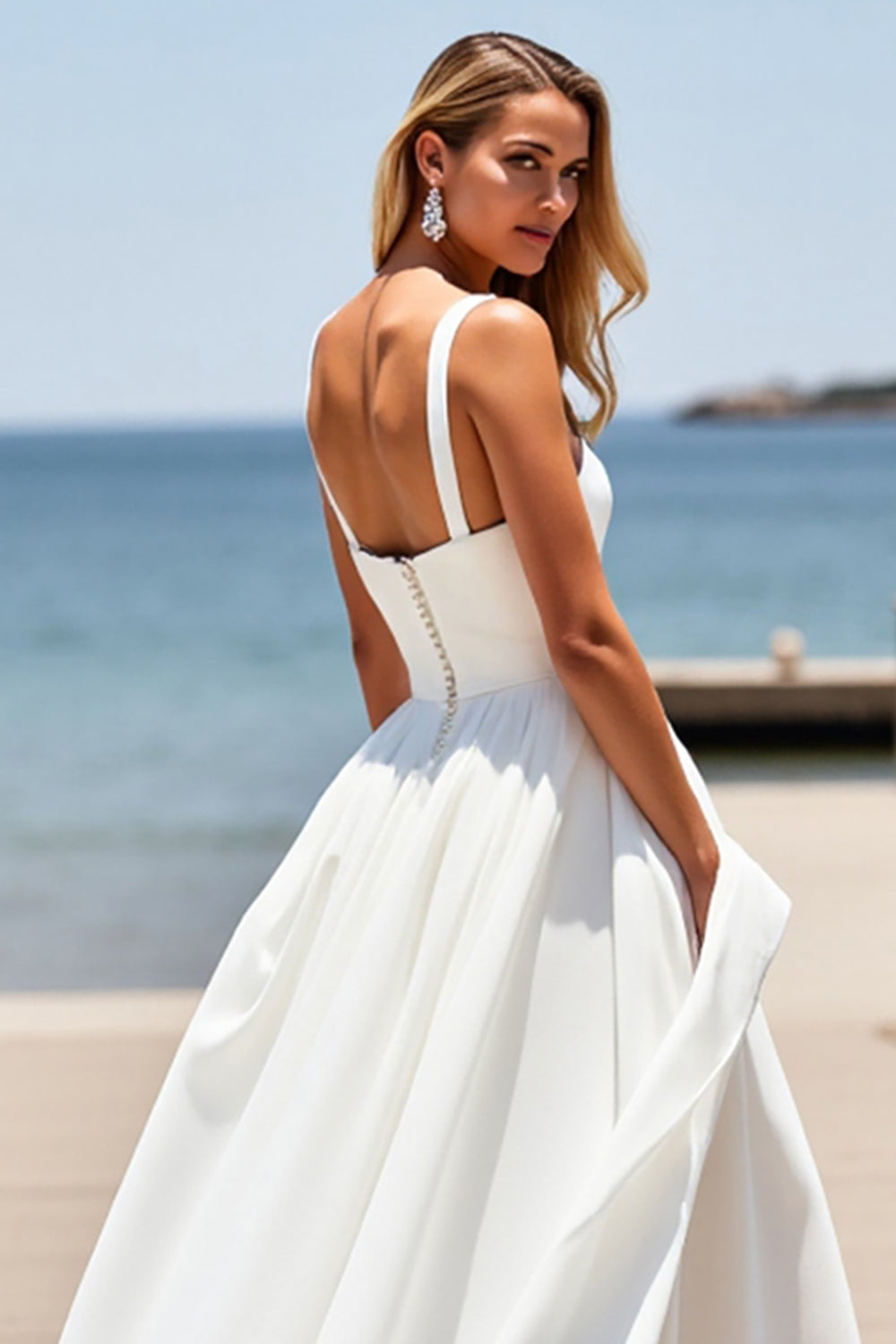 White A Line Long Square Neck Wedding Dress