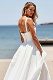 White A Line Long Square Neck Wedding Dress