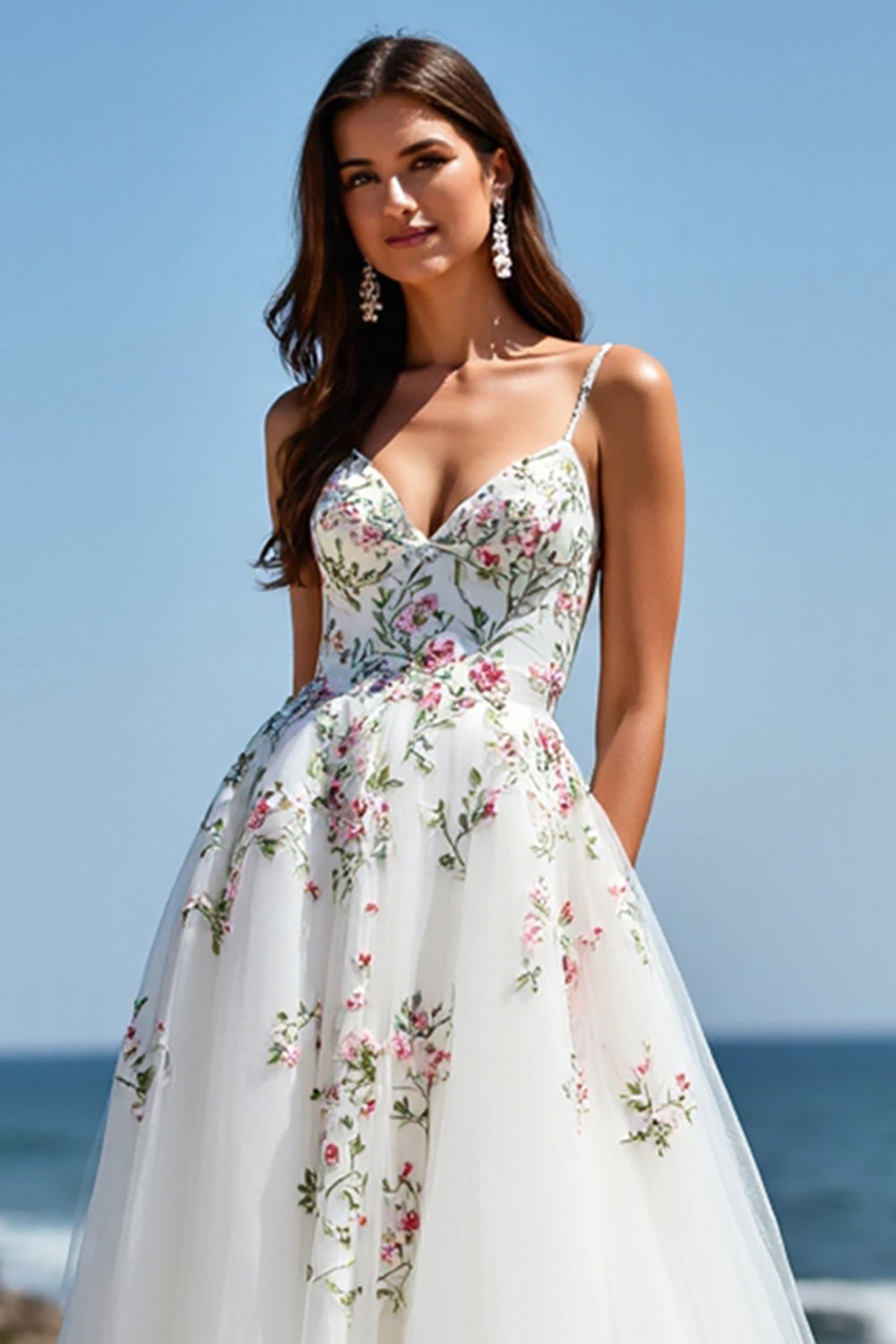 Floral A Line White Wedding Dress with Appliques