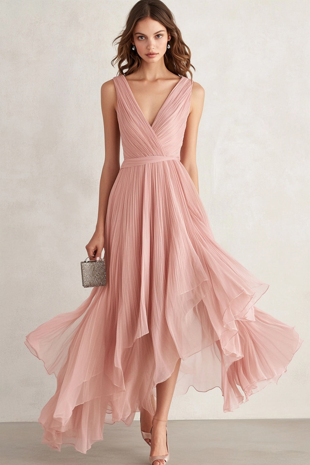 Blush V Neck Ruffled Long Wedding Guest Dress