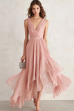 Blush V Neck Ruffled Long Wedding Guest Dress
