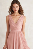 Blush V Neck Ruffled Long Wedding Guest Dress