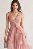 Blush Asymmetrical A Line Wedding Guest Dress With Ruffles